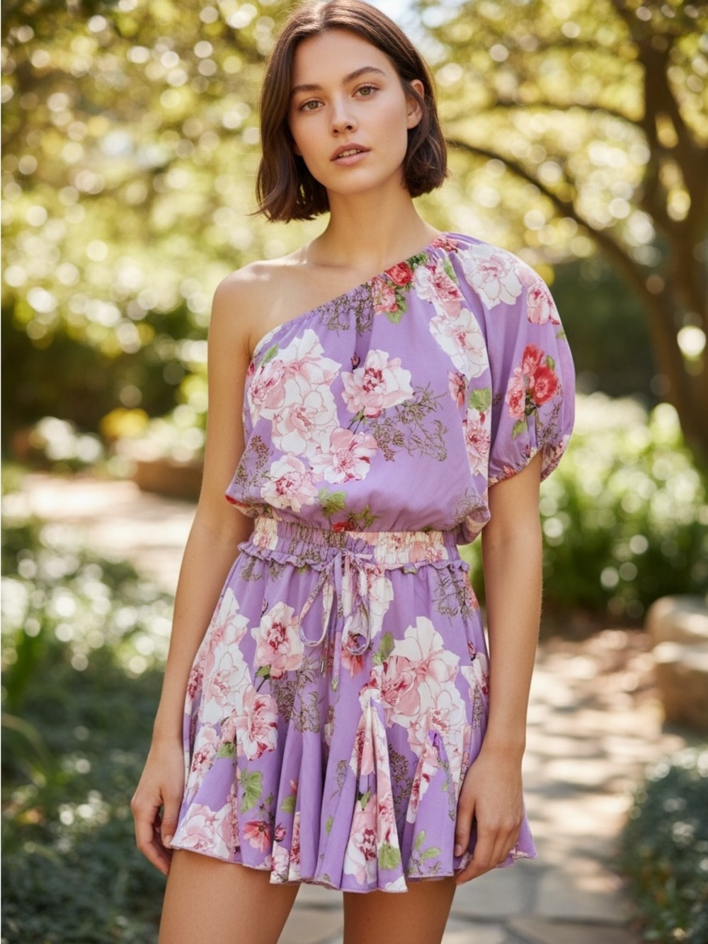 Floral One-Shoulder Dress in Purple and Pink